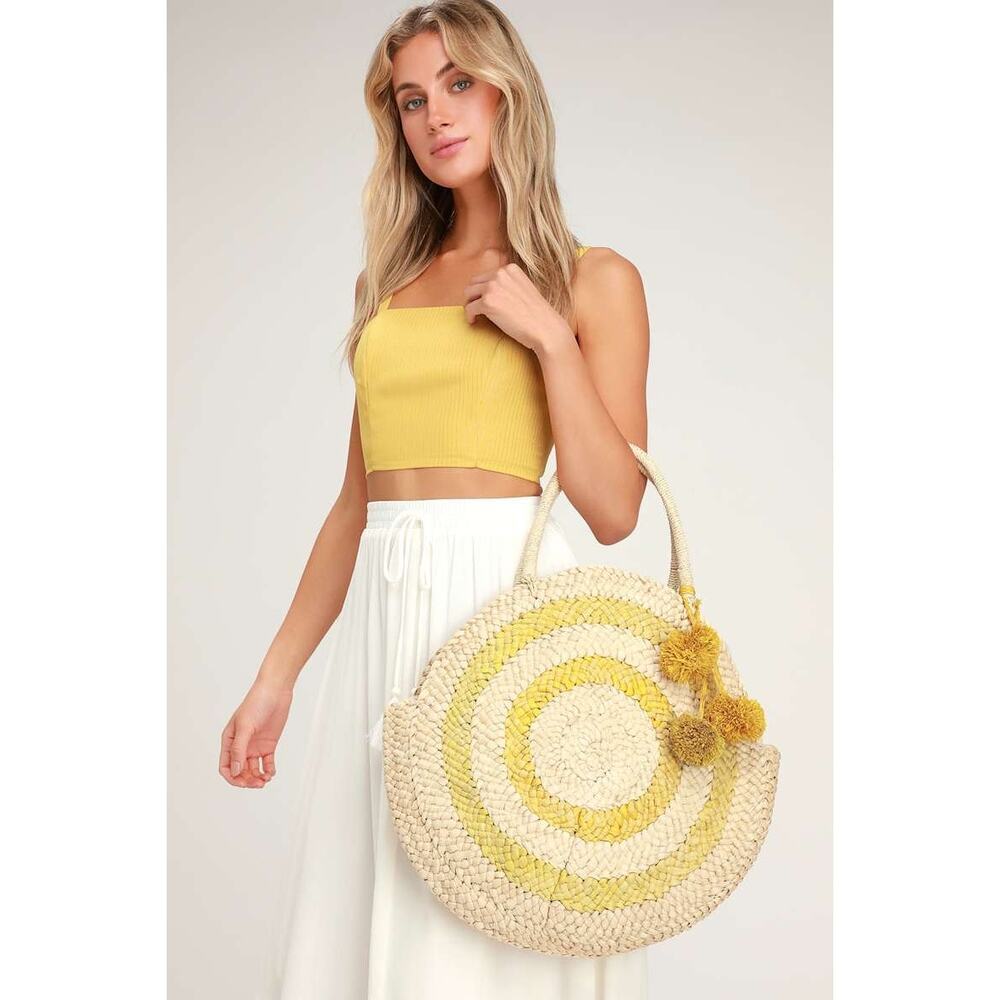 American Eagle Woven Straw Circle Tote Bag Natural Yellow Boho Beach Summer LG